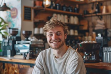 Obraz premium Portrait of a smiling young Caucasian man in a coffee shop