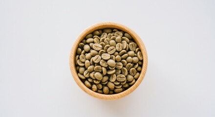 Green Coffee Beans in Wood Bowl Overhead View Fresh and Natural