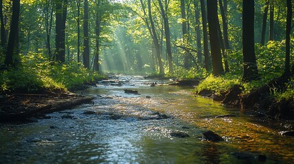 Obraz premium Forest Stream Sunlight Morning