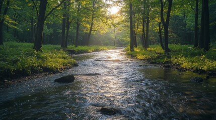 Obraz premium Forest stream sunrise landscape