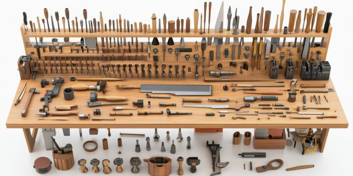 A comprehensive collection of woodworking tools neatly organized on a wooden workbench, showcasing craftsmanship
