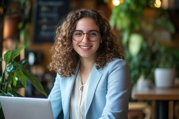 Young woman working on laptop in modern cafe, smiling and engaged, showcasing remote work lifestyle, professional setting, digital nomad, career success.