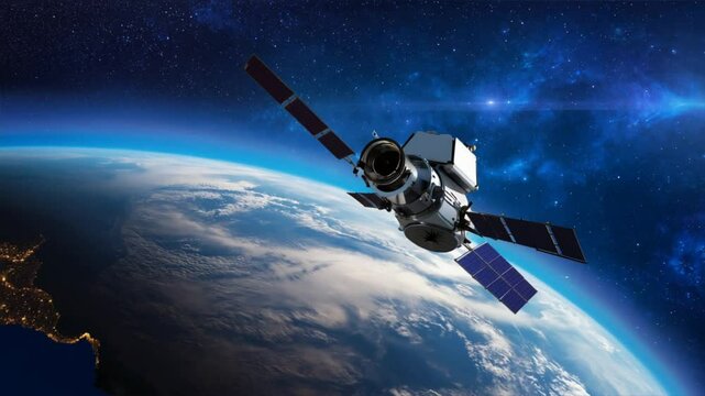 Satellite equipped with solar panels and instruments orbits Earth in cosmos
