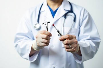 Close-up of vet's hands holding medical instruments on white background, precision, tools, detail