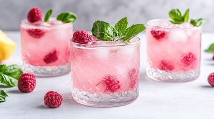 Three glasses of pink raspberry lemonade, garnished with fresh mint and raspberries, sit on a white surface. The drinks are icy and bright. The photo is high-quality, well-lit, and features a shallow