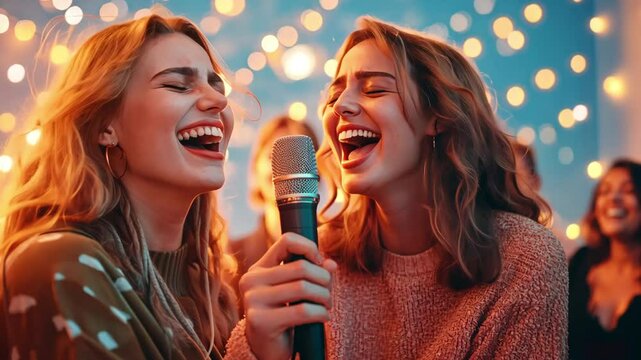 Two happy women sing karaoke together at a party, bathed in warm, golden light.