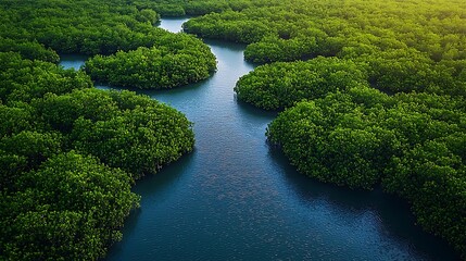 Emerald River Serenity: An aerial view captures a serene river weaving through a lush, emerald green mangrove forest, depicting nature's tranquil beauty and the harmony of the environment.
