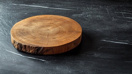 Rustic wood slice atop a sleek slate surface creating a captivating contrast