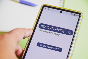 Woman using his phone to generate strong password online using mobile applications. Password length...