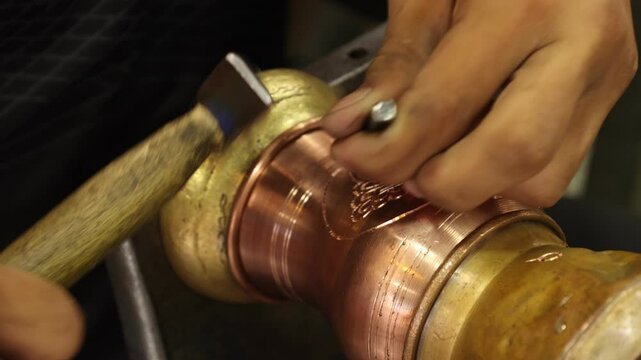 Traditional coppersmithing in Gaziantep. Craftsman engraving on a copper metal plate