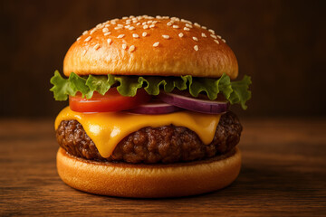 Delicious cheeseburger with lettuce, tomato, and onions on a sesame-topped bun