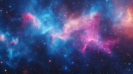 Abstract graphic of a vibrant cosmic scene featuring galaxies and stars in a colorful space nebula with blue and pink hues.