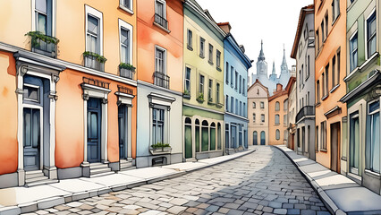 Fototapeta premium Walking along watercolor city street with colorful European style buildings
