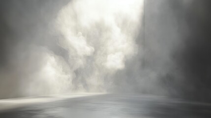 Abstract illustration of room floor stage background with fog, mist , white cloud, Generative AI.