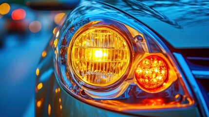 Illuminated car headlight and amber turn signal at dusk