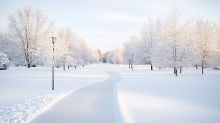 Fototapeta premium A winding path covered in fresh snow through a serene winter forest, tall trees with snow-laden branches, and peaceful and tranquil setting.