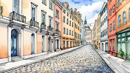 Exploring Colorful European City Street with Cobblestone Road Watercolor Style