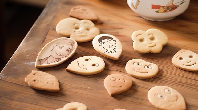 Assorted Character Face Cookies on Rustic Wooden Table