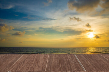 Wooden and sea view, sky and sunset for a day of rest or holiday.