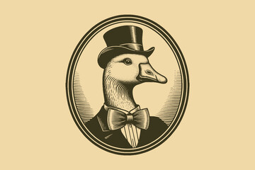 Goose in top hat and bow tie, vintage  engraving oval portrait icon, elegant © Victoria