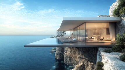 Fototapeta premium Futuristic coastal residence with infinity pool offering breathtaking ocean views