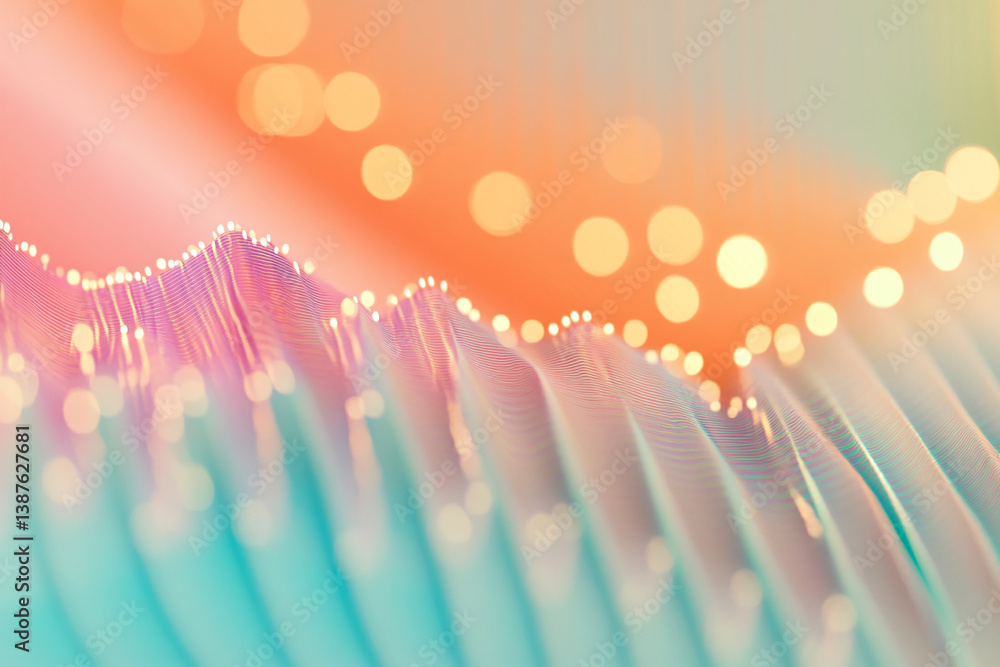Poster abstract image of pastel pink and turquoise waves with blurred golden lights in background, suggesti