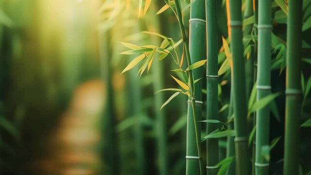 Serene bamboo forest at sunrise, showcasing vibrant greens and tranquil atmosphere.