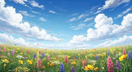 Colorful wildflowers bloom under a bright blue sky with fluffy clouds in a vibrant meadow during a sunny day