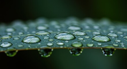 Raindrops rest on a green leaf reflecting nature's beauty in a serene environment during early morning light