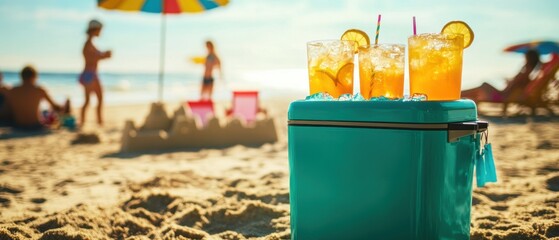 Cooler with refreshing cocktails on sandy beach, people enjoying summer vacation, outdoor fun, beach umbrellas, relaxation, tropical drinks, leisure lifestyle.