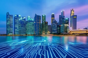 Fototapeta premium A high-tech business district where cybernetic investors acquire companies through blockchain transactions