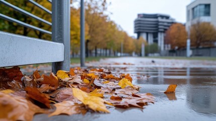 Wet autumn leaves lie near a metal fence. The background shows a blurred city street lined with fall trees. The image is sharp in the foreground, with a shallow depth of field. It has a muted color
