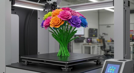 Colorful bouquet of 3D printed roses created in a modern design studio during a bright and innovative day