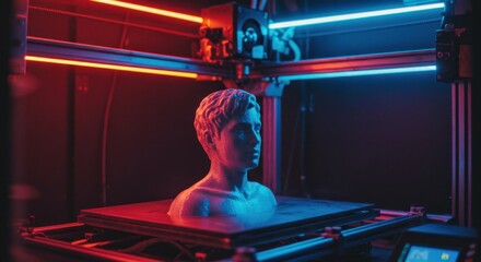 3D printing of a detailed bust in a dark space illuminated by vibrant blue and red lights at a modern workshop