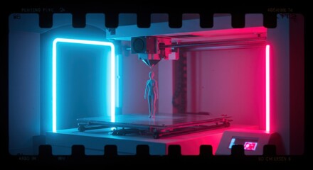 3D printer creating a small humanoid figure in a studio with colorful neon lighting at night