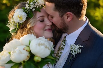 Couple embracing at outdoor wedding ceremony with floral bouquet and natural light, capturing love, romance, and intimate moments in beautiful setting.