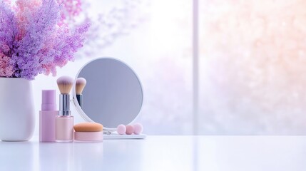 Peaceful beauty corner with floral decor and makeup items. Great for skincare, lifestyle, and femininity themes.