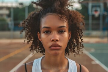 Fototapeta premium Portrait of a young African American woman on outdoor basketball court