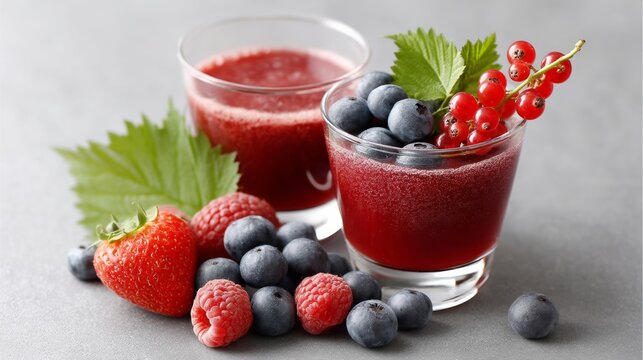 Glass of red juice with berries and a leaf on top. The juice is made from strawberries and blueberries