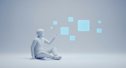 Digital interaction with virtual elements by a person seated on a smooth surface in a minimalistic environment during daytime