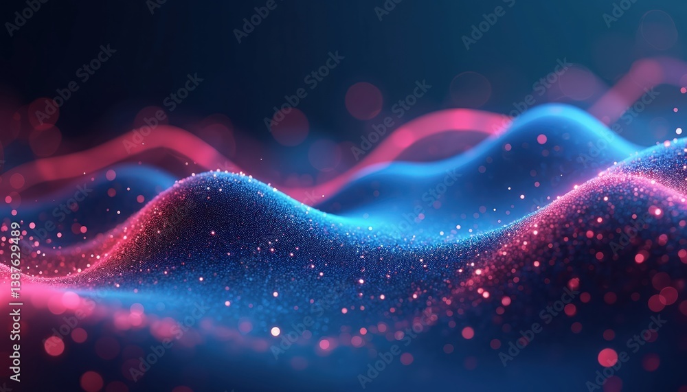 Aufkleber Abstract digital artwork features wavy graphic design with flowing lines. Blue neon pink color. Dots, connections, futuristic design. Modern tech background for banners, digital projects.