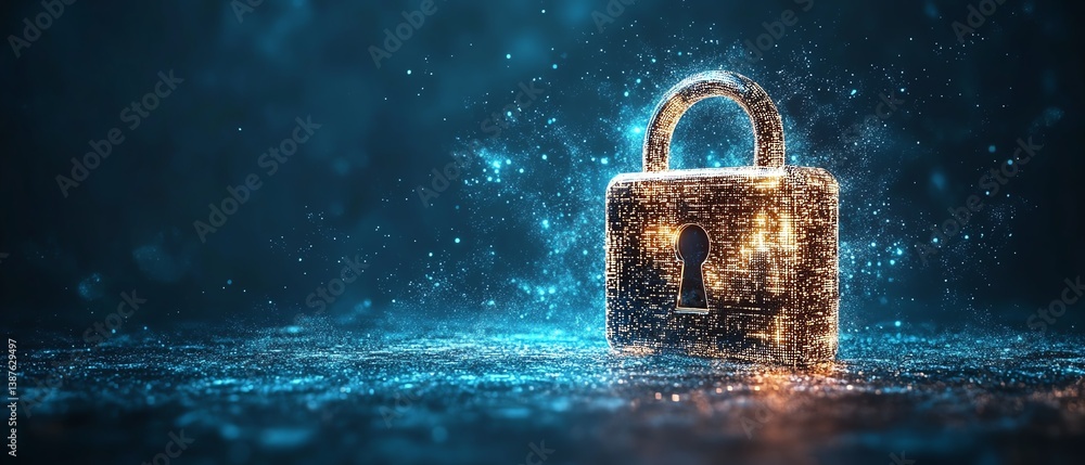 Poster cybersecurity concept with a digital data protection locker, set against a blue background, created 