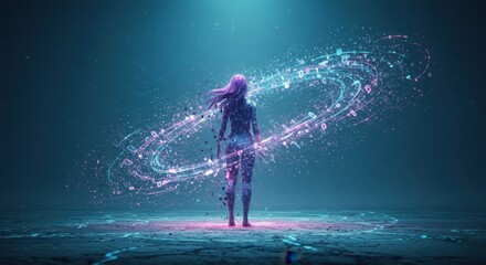 Digital artwork portrays a figure surrounded by swirling energy and glowing particles representing the fusion of technology and magic in a futuristic setting