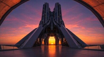 Breathtaking sunset viewed through modern architectural structure in urban landscape showcasing vibrant colors and beautiful design