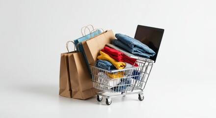 Fototapeta premium Shopping Cart Full of Clothes with Laptop and Paper Bags