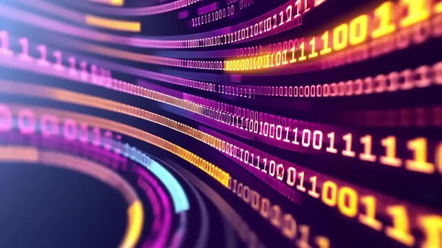 Digital data streams showcase vibrant binary code in colorful, abstract technology design, illuminating essence of innovation and creativity.