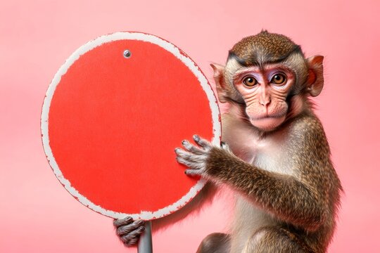 Advertising face shot. Cute baby animal macaque hold in front paws a prototype - large red zoo sign. Critter holding message. Isolated baby animal on a solid uniform pink background.