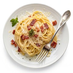 Creamy Spaghetti with Bacon and Parmesan Topped with Fresh Herbs