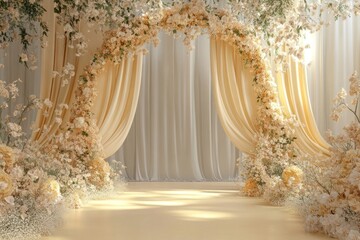Elegant wedding arch adorned with flowers and flowing soft curtains