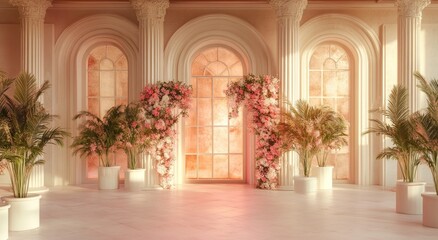 Naklejka premium Elegant room with large windows and floral decorations features plants